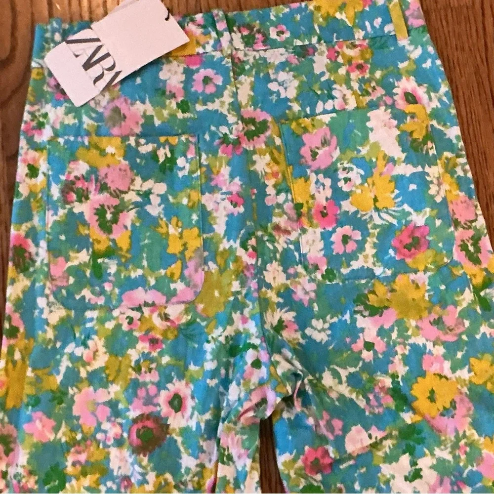 Zara Floral Print Stretch‎ Pants Size 2 NWT Straight Leg Linen Blend Boho Resort